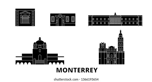 Mexico, Monterrey flat travel skyline set. Mexico, Monterrey black city vector illustration, symbol, travel sights, landmarks.