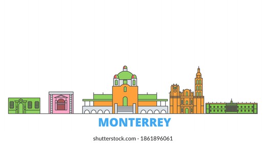 Mexico, Monterrey line cityscape, flat vector. Travel city landmark, oultine illustration, line world icons