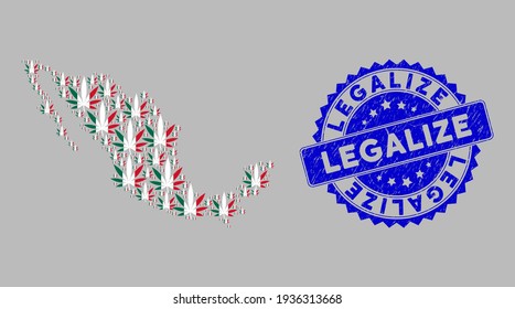 Mapa de mosaicos de México combinado de elementos de cannabis mexicano, y sello de grosería legalize. Vector México cannabis aleatorio artículos planos organizados en un mapa de mosaicos del país de México.