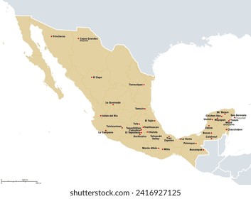 Mexico, most important archeological sites, political map. Map of Mexico with the borders of its current states, and the location of the most significant places of pre-Columbian, pre-hispanic Mexico.