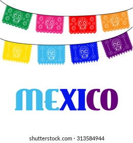 mexico. multicolored template with hanging traditional mexican flags 