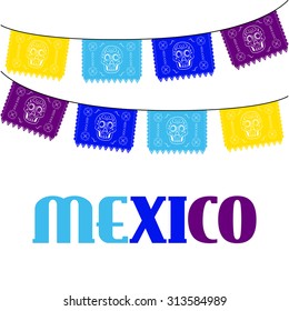 mexico. multicolored template with hanging traditional mexican flags 