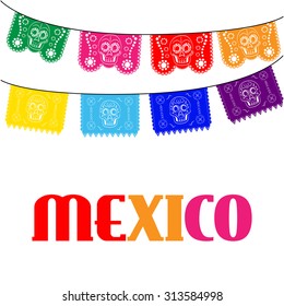 mexico. multicolored template with hanging traditional mexican flags 