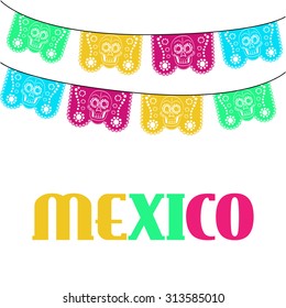 mexico. multicolored template with hanging traditional mexican flags 