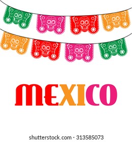 mexico. multicolored template with hanging traditional mexican flags 