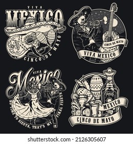 Mexico and music monochrome vintage badges collection with skeleton musician playing trumpet, painted guitar covered with ribbon, sombrero, pair of maracas, skeleton dancer in dress, tequila drinks