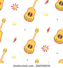 Mexico musica culture seamless pattern. Mariachi texture. Hand drawn guitar icon. Day of the Dead card. Dia de los Muertos poster. Mexican party. Embroidery banner. Cinco de Mayo. Vector illustration.