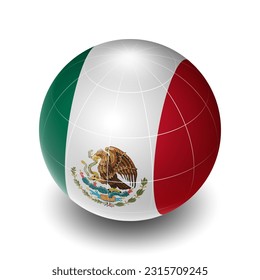 Mexico (MX) (Mexican) National Flag 2.5D Isometric View, Metallic Sphere Ball Globe Design, Flag Symbol Isolated on White Background