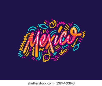 Mexico. Name country word text card, banner script. Beautiful typography inscription greeting calligraphy poster black, gold ribbon, star. Handwritten design modern brush lettering isolated vector.