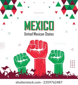 Mexico nation flag color combination patriot banner, geometric abstract background, raised fist, human hand, cheering people, national celebration, strike, parade, riot, protest or rally