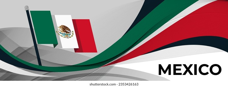 Mexico national day banner design. Mexican flag theme graphic waves art web background. Abstract celebration pattern, green white red color. Mexico flag corporate geometric spiral vector illustration.