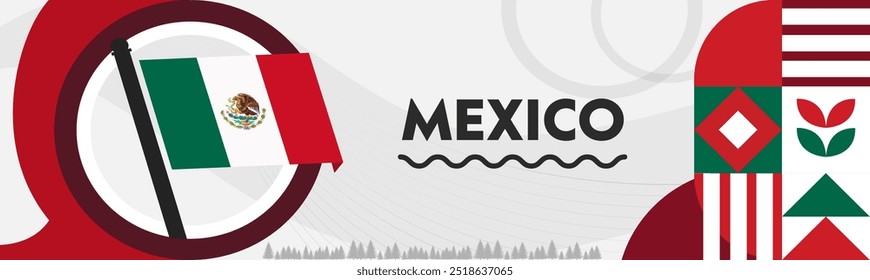 Mexico national day banner design. Mexican flag with waves art web background. Abstract celebration pattern. Mexico flag corporate geometric spiral vector illustration.