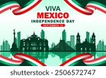 Mexico National Day Banner. Elegant banner with Mexican flag ribbon and silhouettes of famous landmarks for Viva Mexico. Mexican Independence greeting card cover with text. Mexico Independence day