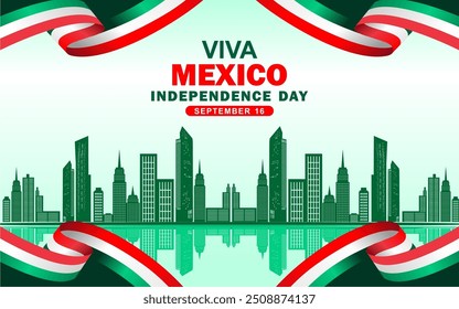 Banner do Dia Nacional do México. Banner elegante com fita bandeira mexicana e silhuetas de arranha-céus para Viva México. Cartão comemorativo da Independência Mexicana com capa de texto. Dia da Independência do México