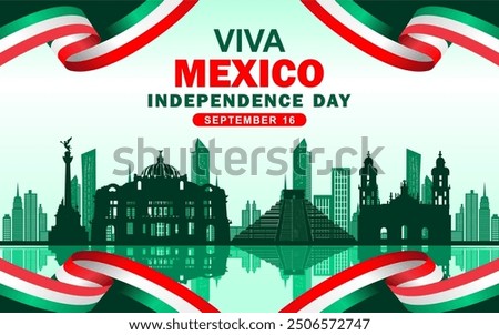 Mexico National Day Banner. Elegant banner with Mexican flag ribbon and silhouettes of famous landmarks for Viva Mexico. Mexican Independence greeting card cover with text. Mexico Independence day