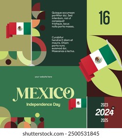 Anuncio del Día Nacional de México. Fondo abstracto retro geométrico con estilo colorido para Viva México. Cubierta cuadrada. Feliz día mexicano saludos.