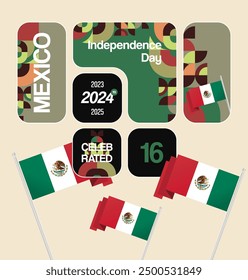 Mexico National Day Banner. Geometric retro abstract background with colorful style for viva Mexico. Square Cover. Happy Mexican day greetings.