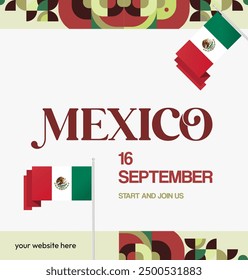 Mexico National Day Banner. Geometric retro abstract background with colorful style for viva Mexico. Square Cover. Happy Mexican day greetings.