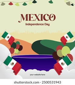 Mexico National Day Banner. Geometric retro abstract background with colorful style for viva Mexico. Square Cover. Happy Mexican day greetings.