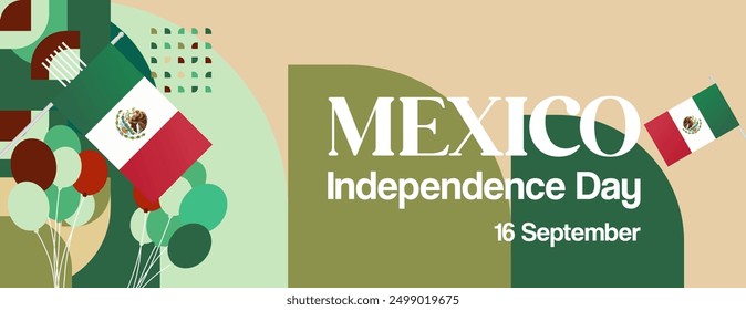 Mexico National Day Banner. Modern geometric abstract background in colorful style for Viva Mexico. Mexican Independence greeting card cover with text. Happy Mexico Independence day to celebrate