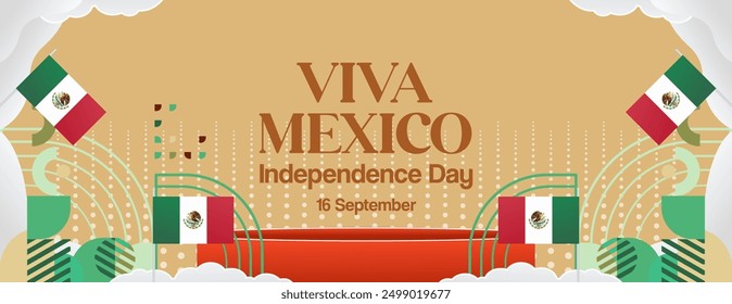 Mexico National Day Banner. Modern geometric abstract background in colorful style for Viva Mexico. Mexican Independence greeting card cover with text. Happy Mexico Independence day to celebrate