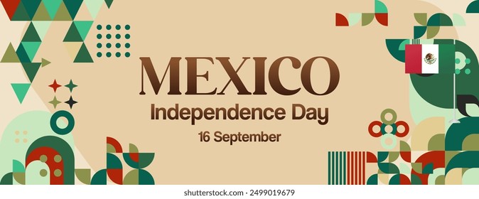 Mexico National Day Banner. Modern geometric abstract background in colorful style for Viva Mexico. Mexican Independence greeting card cover with text. Happy Mexico Independence day to celebrate