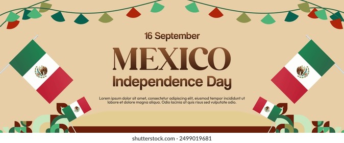 Mexico National Day Banner. Modern geometric abstract background in colorful style for Viva Mexico. Mexican Independence greeting card cover with text. Happy Mexico Independence day to celebrate