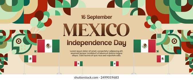 Mexico National Day Banner. Modern geometric abstract background in colorful style for Viva Mexico. Mexican Independence greeting card cover with text. Happy Mexico Independence day to celebrate