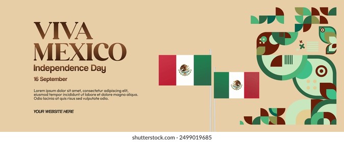 Banner des Nationalfeiertags in Mexiko. Moderner geometrischer abstrakter Hintergrund im bunten Stil für Viva Mexico. Mexikanische Independence Grußkartenabdeckung mit Text. Frohes Mexiko Unabhängigkeit Tag zu feiern