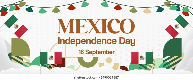 Mexico National Day Banner. Modern geometric abstract background in colorful style for Viva Mexico. Mexican Independence greeting card cover with text. Happy Mexico Independence day to celebrate