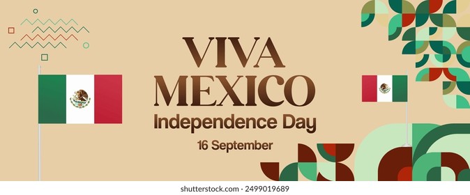 Mexico National Day Banner. Modern geometric abstract background in colorful style for Viva Mexico. Mexican Independence greeting card cover with text. Happy Mexico Independence day to celebrate