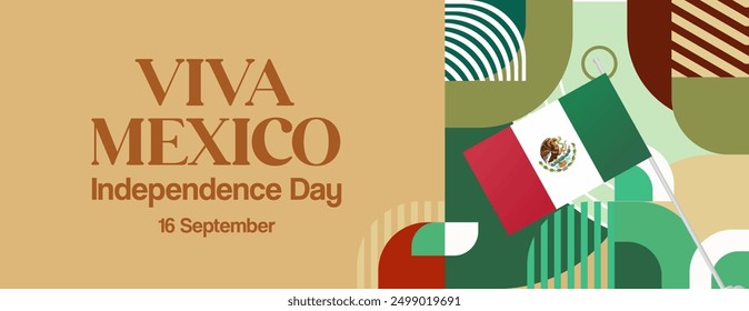 Mexico National Day Banner. Modern geometric abstract background in colorful style for Viva Mexico. Mexican Independence greeting card cover with text. Happy Mexico Independence day to celebrate