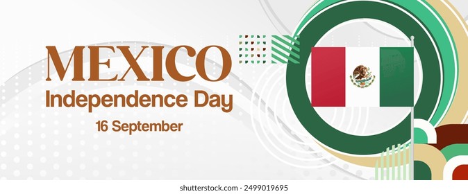 Mexico National Day Banner. Modern geometric abstract background in colorful style for Viva Mexico. Mexican Independence greeting card cover with text. Happy Mexico Independence day to celebrate