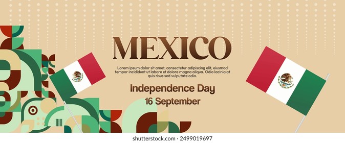 Mexico National Day Banner. Modern geometric abstract background in colorful style for Viva Mexico. Mexican Independence greeting card cover with text. Happy Mexico Independence day to celebrate