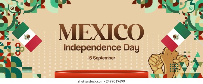 Mexico National Day Banner. Modern geometric abstract background in colorful style for Viva Mexico. Mexican Independence greeting card cover with text. Happy Mexico Independence day to celebrate