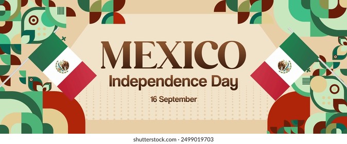 Anuncio del Día Nacional de México. Fondo abstracto geométrico moderno en estilo colorido para Viva México. Tarjeta de felicitación de la Independencia Mexicana cubierta con texto. Feliz Día de la Independencia de México