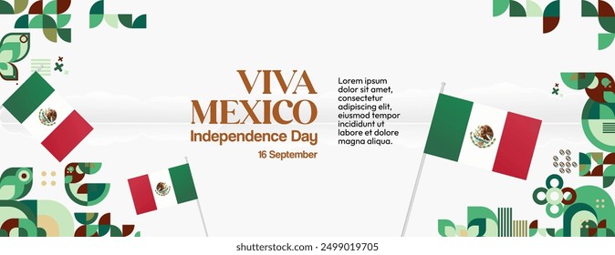 Mexico National Day Banner. Modern geometric abstract background in colorful style for Viva Mexico. Mexican Independence greeting card cover with text. Happy Mexico Independence day to celebrate