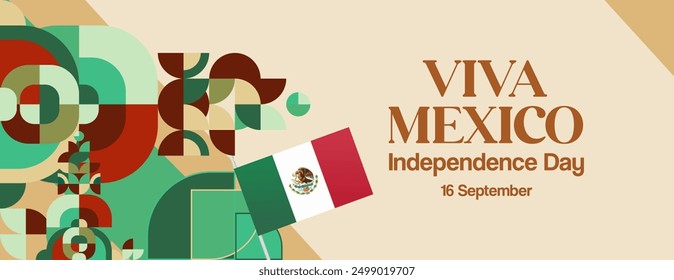 Mexico National Day Banner. Modern geometric abstract background in colorful style for Viva Mexico. Mexican Independence greeting card cover with text. Happy Mexico Independence day to celebrate