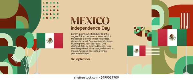 Mexico National Day Banner. Modern geometric abstract background in colorful style for Viva Mexico. Mexican Independence greeting card cover with text. Happy Mexico Independence day to celebrate