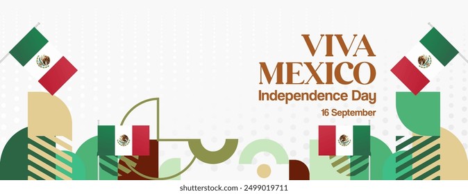 Mexico National Day Banner. Modern geometric abstract background in colorful style for Viva Mexico. Mexican Independence greeting card cover with text. Happy Mexico Independence day to celebrate