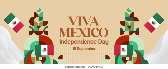 Mexico National Day Banner. Modern geometric abstract background in colorful style for Viva Mexico. Mexican Independence greeting card cover with text. Happy Mexico Independence day to celebrate