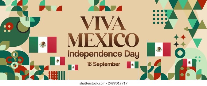 Mexico National Day Banner. Modern geometric abstract background in colorful style for Viva Mexico. Mexican Independence greeting card cover with text. Happy Mexico Independence day to celebrate