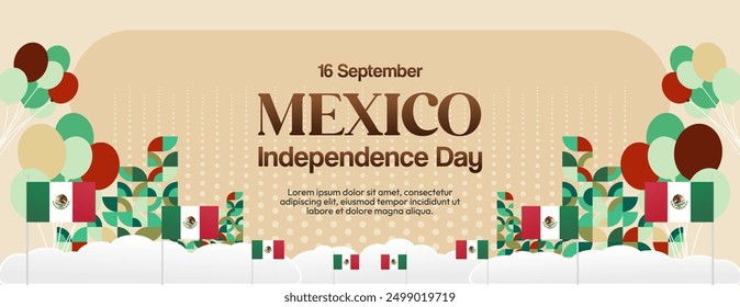 Anuncio del Día Nacional de México. Fondo abstracto geométrico moderno en estilo colorido para Viva México. Tarjeta de felicitación de la Independencia Mexicana cubierta con texto. Feliz Día de la Independencia de México