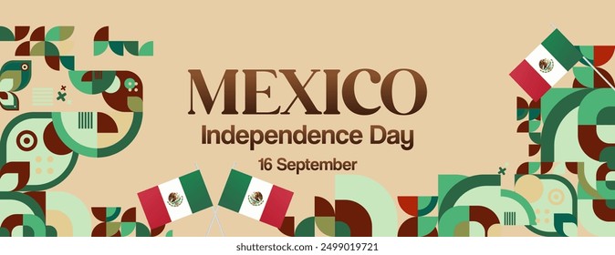 Mexico National Day Banner. Modern geometric abstract background in colorful style for Viva Mexico. Mexican Independence greeting card cover with text. Happy Mexico Independence day to celebrate