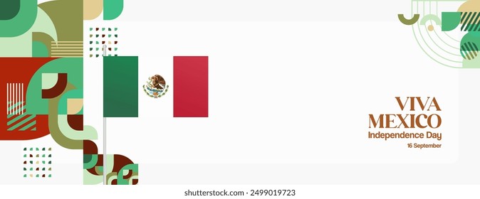 Banner des Nationalfeiertags in Mexiko. Moderner geometrischer abstrakter Hintergrund im bunten Stil für Viva Mexico. Mexikanische Independence Grußkartenabdeckung mit Text. Frohes Mexiko Unabhängigkeit Tag zu feiern