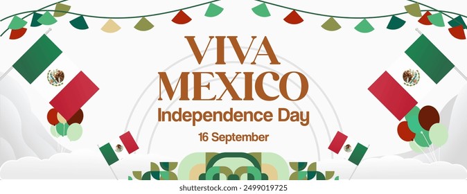 Mexico National Day Banner. Modern geometric abstract background in colorful style for Viva Mexico. Mexican Independence greeting card cover with text. Happy Mexico Independence day to celebrate