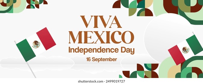 Mexico National Day Banner. Modern geometric abstract background in colorful style for Viva Mexico. Mexican Independence greeting card cover with text. Happy Mexico Independence day to celebrate