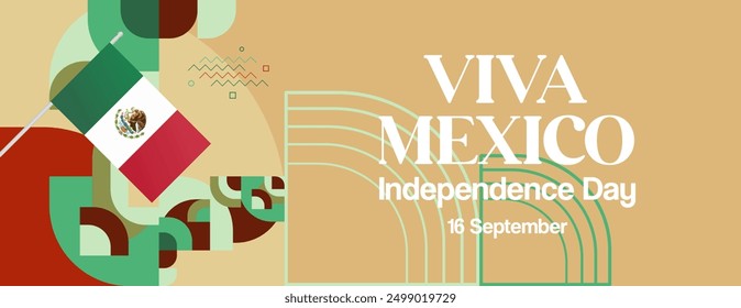 Mexico National Day Banner. Modern geometric abstract background in colorful style for Viva Mexico. Mexican Independence greeting card cover with text. Happy Mexico Independence day to celebrate