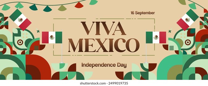 Mexico National Day Banner. Modern geometric abstract background in colorful style for Viva Mexico. Mexican Independence greeting card cover with text. Happy Mexico Independence day to celebrate