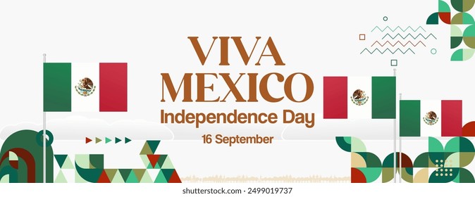 Mexico National Day Banner. Modern geometric abstract background in colorful style for Viva Mexico. Mexican Independence greeting card cover with text. Happy Mexico Independence day to celebrate